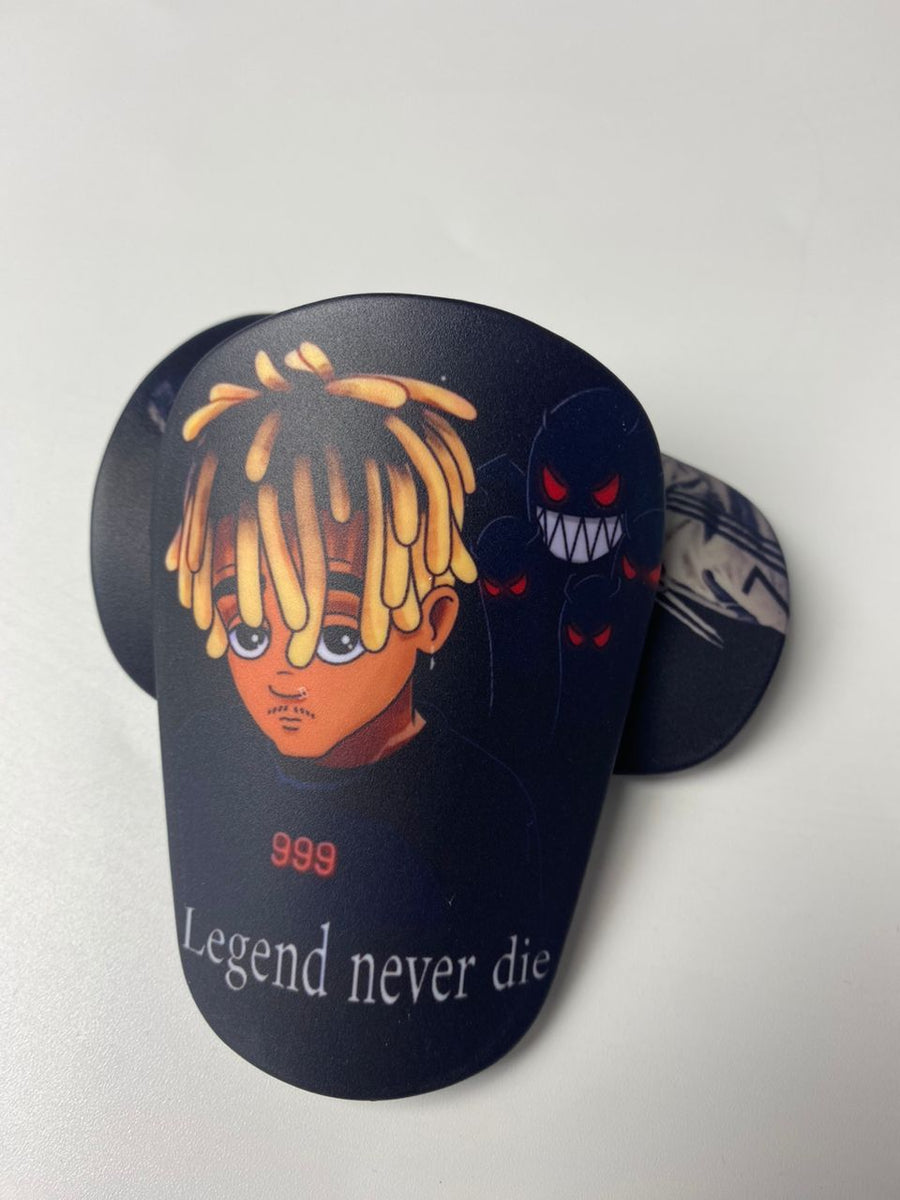 Custom shin guards with an illustrated portrait, 999, and Legend never die