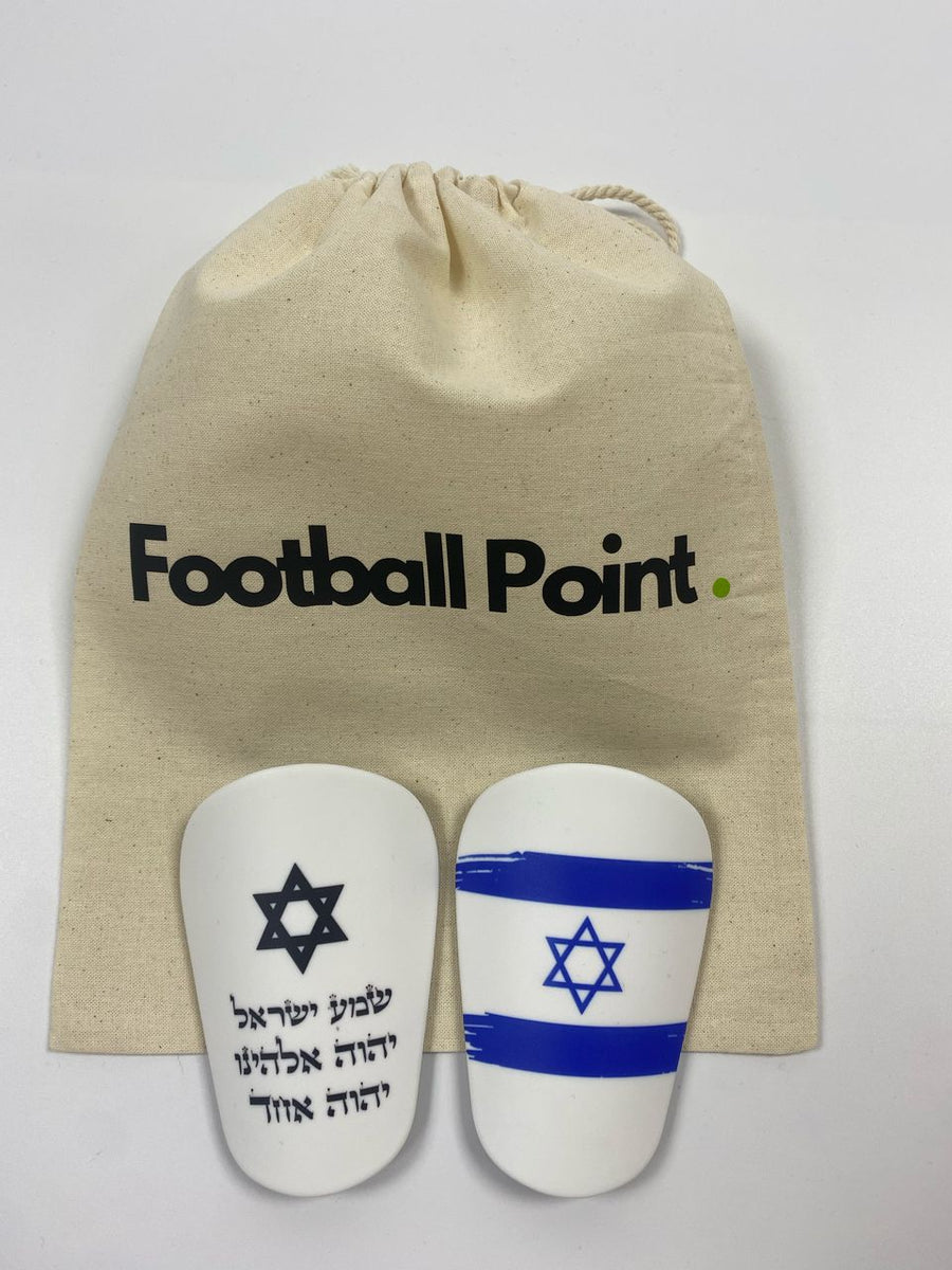 Custom shin guards with Shema Israel and Israeli flag