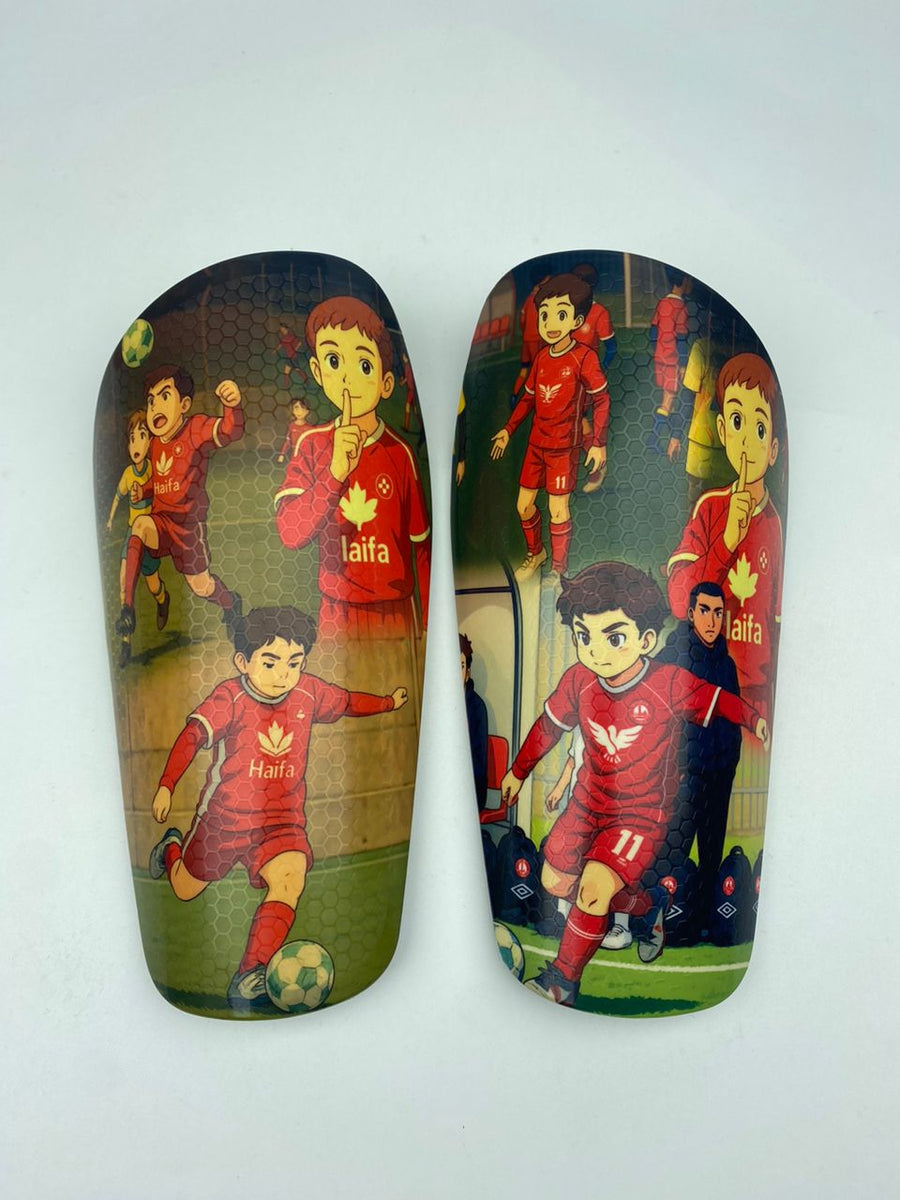 Custom shin guards with an illustrated Haifa soccer collage