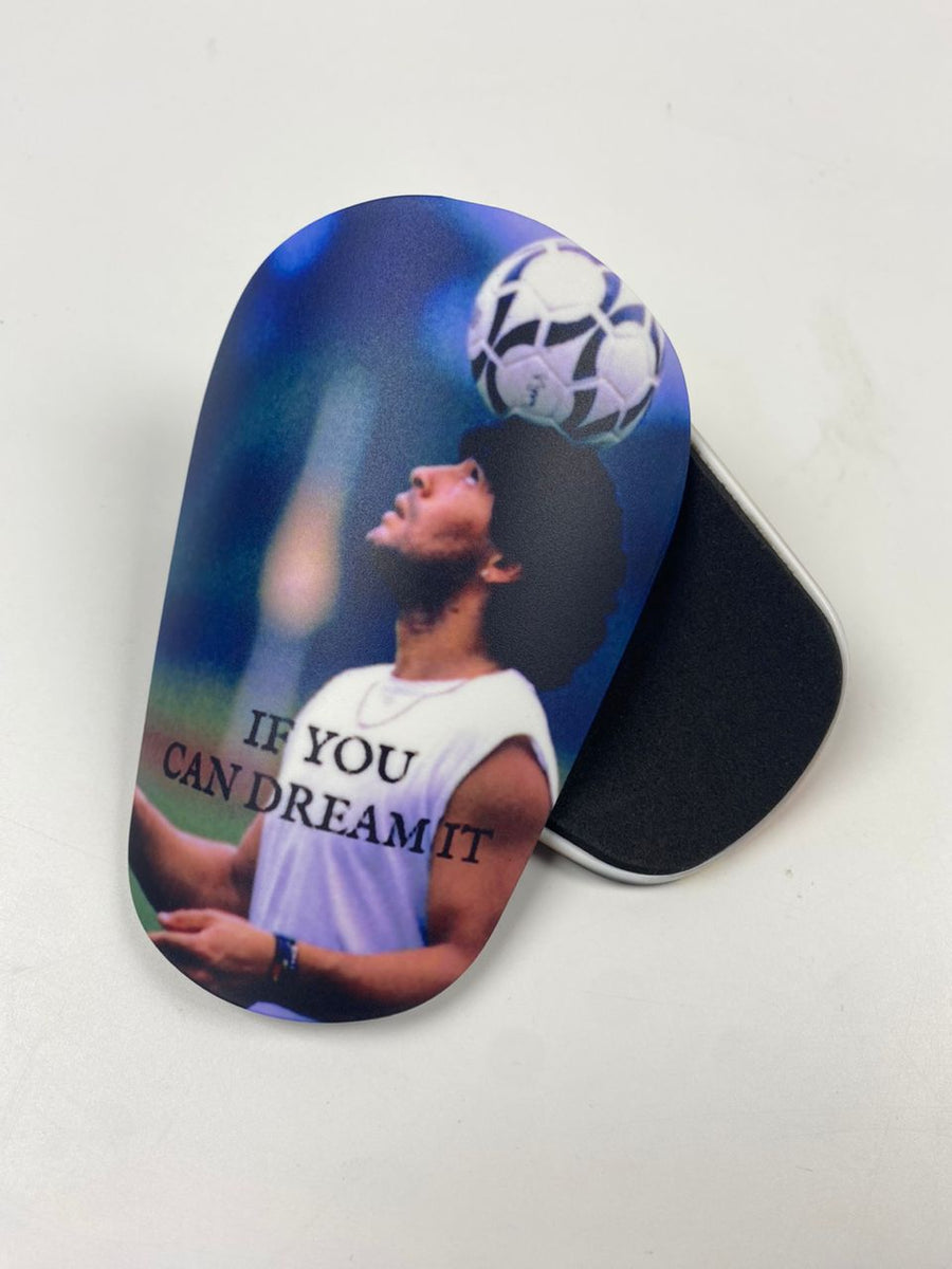 Custom shin guards with a player heading a ball and If you can dream it