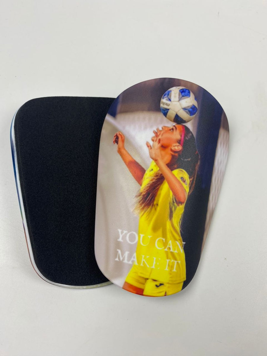 Custom shin guards with a player heading a ball and You can make it