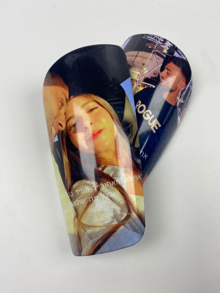 Custom shin guards with a couple photo and Hebrew dedication