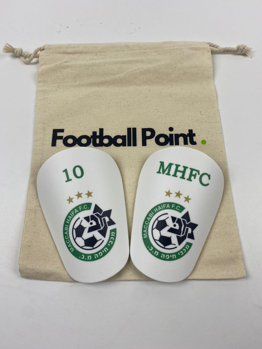 Custom shin guards with Maccabi Haifa crests, 10, and MHFC